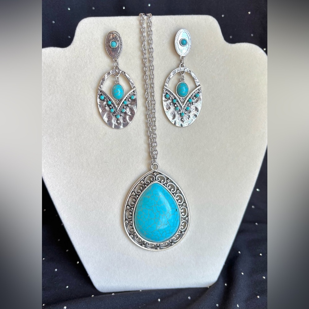 Long Turquoise Teardrop Statement Necklace with Matching Earrings - Silver Tone